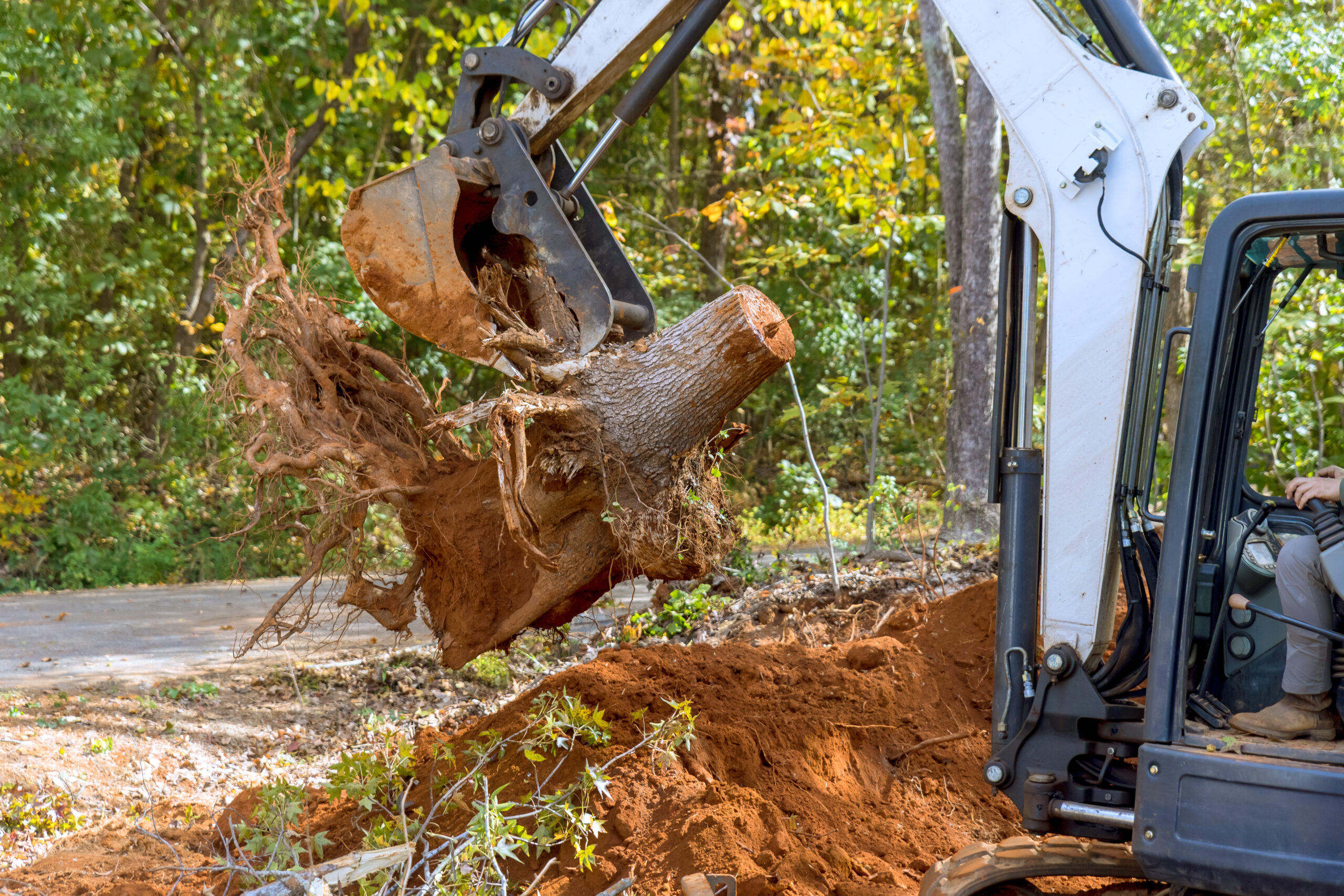 Utilizing skid steer tractor to remove a roots and clear land for housing complex construction