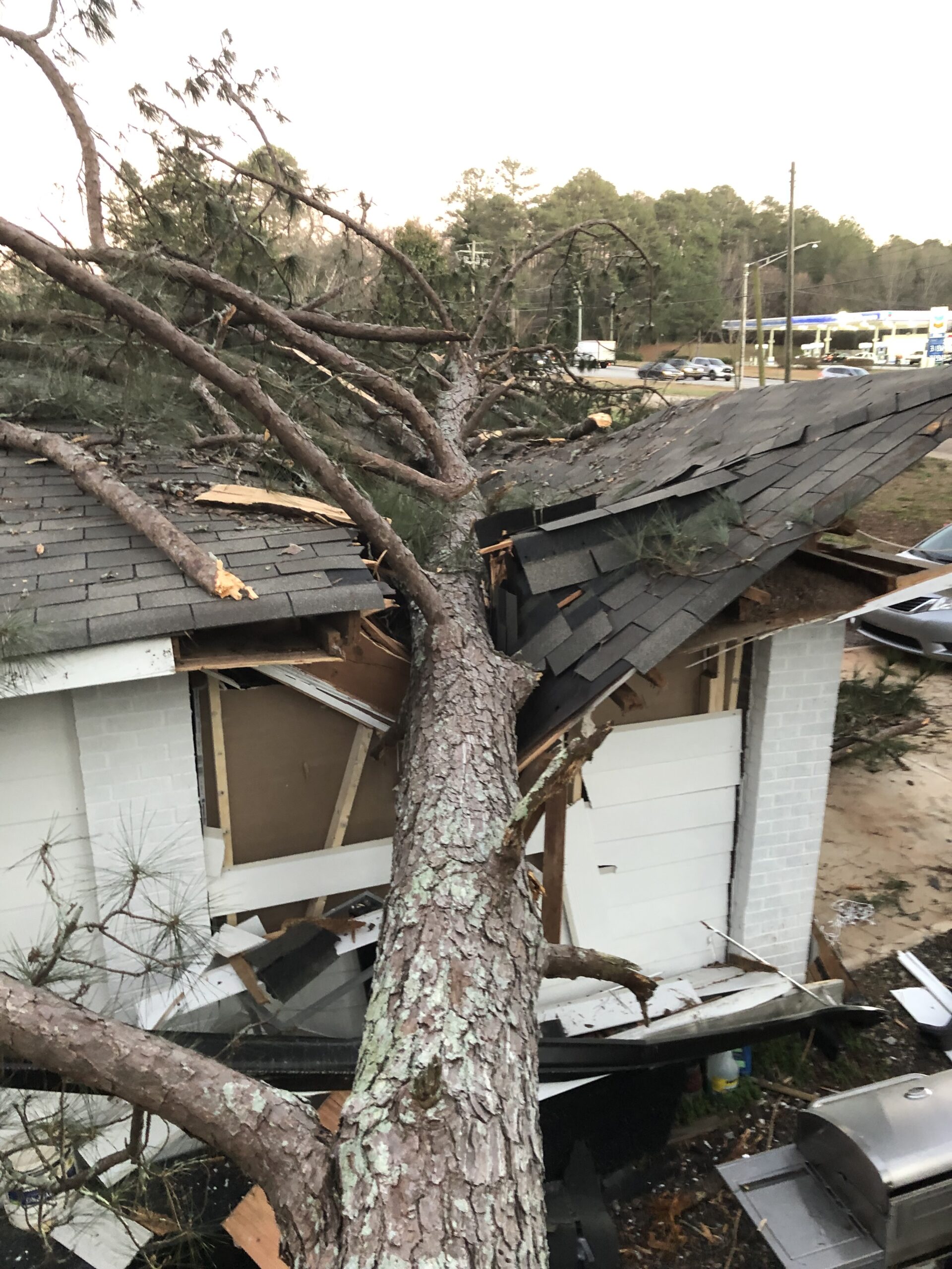 Large pine driven straight through a house roof, shattered eaves and roof decking exposed