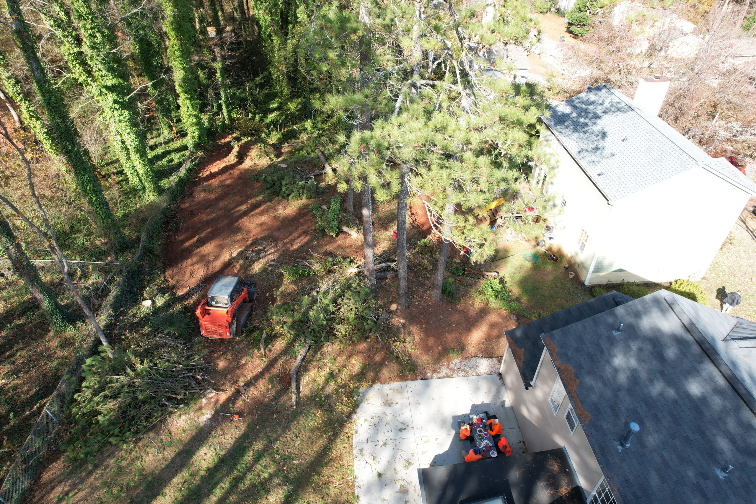Aerial of a skid-steer clearing the wooded strip between two homes, pines thinned and duff raked