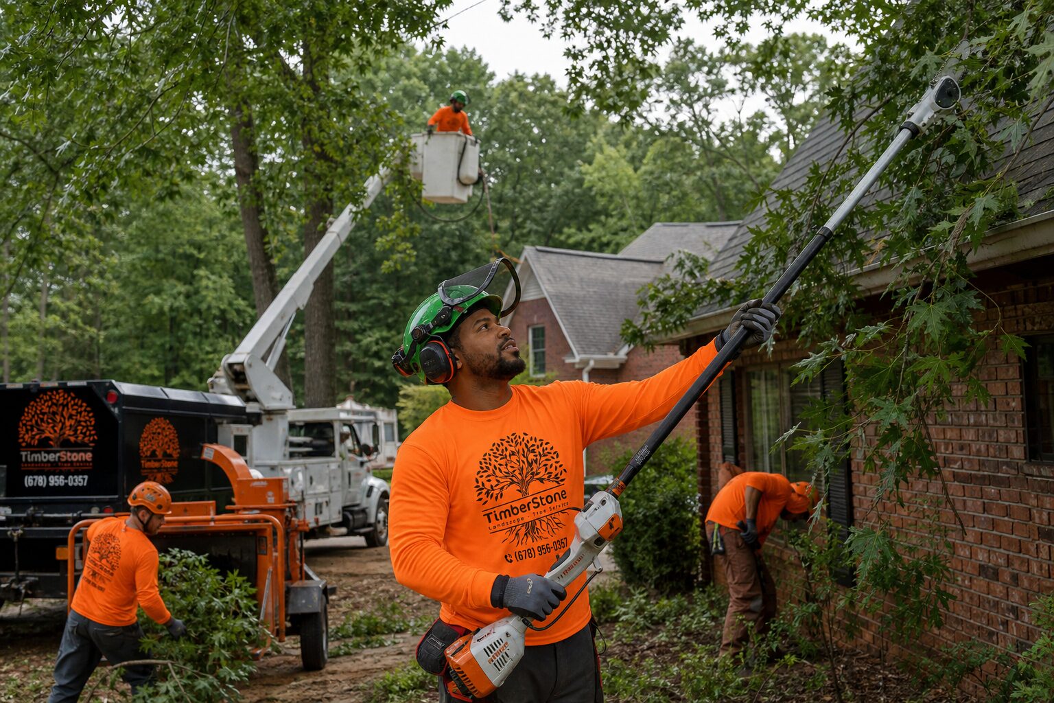 Tree trimming Grayson Grayson — the assessment - crew looking up at the tree from the ground, hard hat on