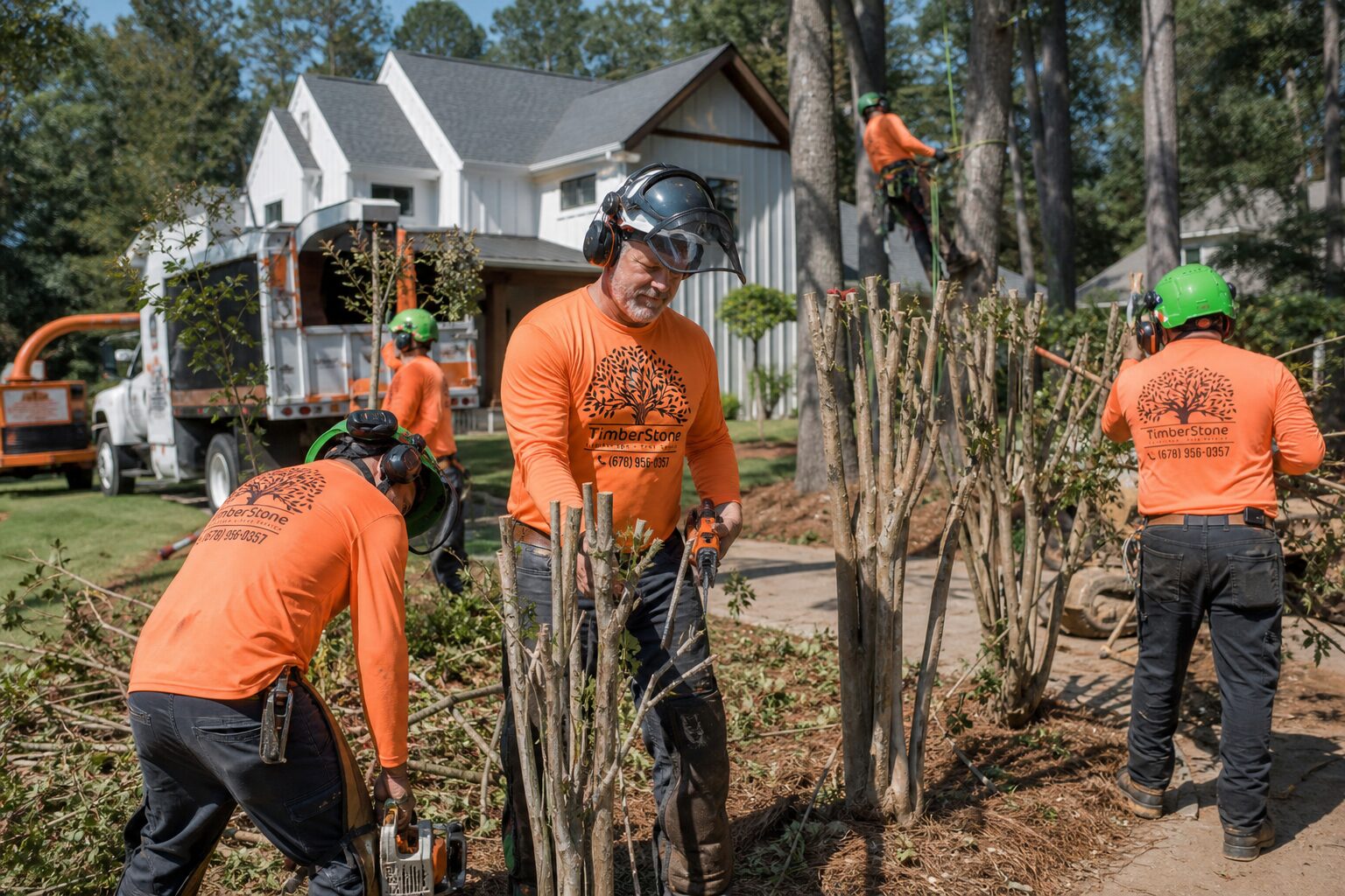 Tree trimming Grayson Grayson — hero - crew member in the orange Timberstone shirt working the tree, sawdust in sunlight
